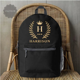 Customise Name & Initial Black White Gold Monogram Printed Backpack