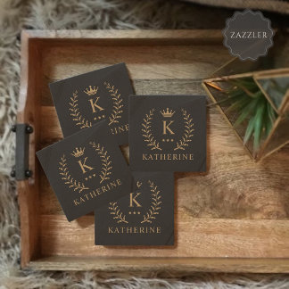 Customise Name & Initial Black White Gold Monogram Stone Coaster