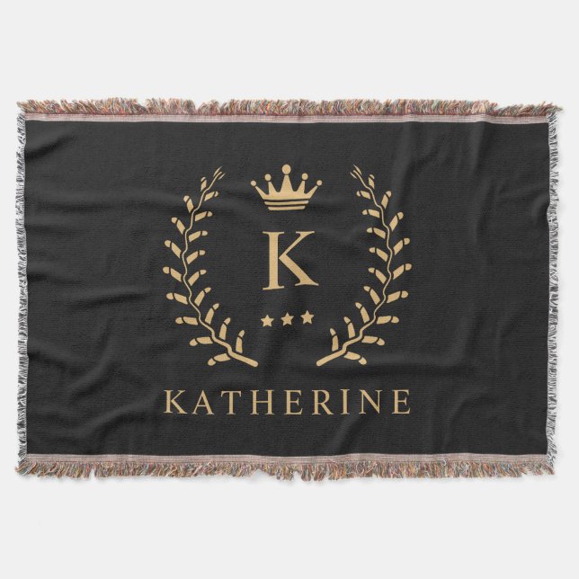 Customise Name & Initial Black White Gold Monogram Throw Blanket (Front)