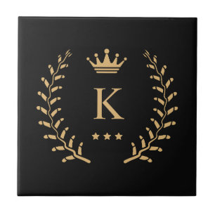 Customise Name & Initial Black White Gold Monogram Tile