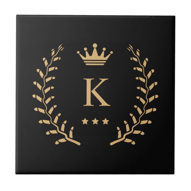 Customise Name & Initial Black White Gold Monogram Tile (Front)