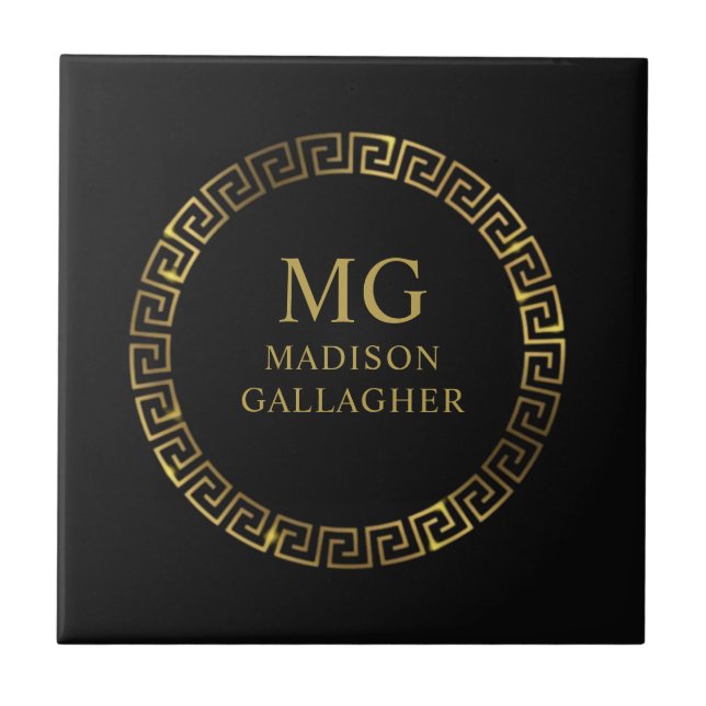 Customise Name & Initial Black White Gold Monogram Tile (Front)