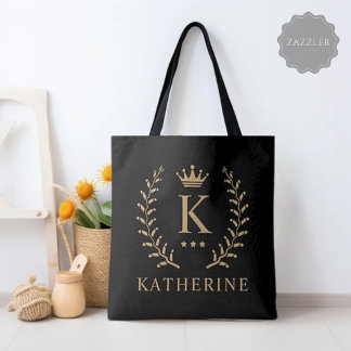 Customise Name & Initial Black White Gold Monogram Tote Bag