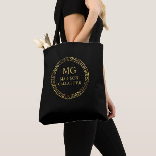 Customise Name & Initial Black White Gold Monogram Tote Bag