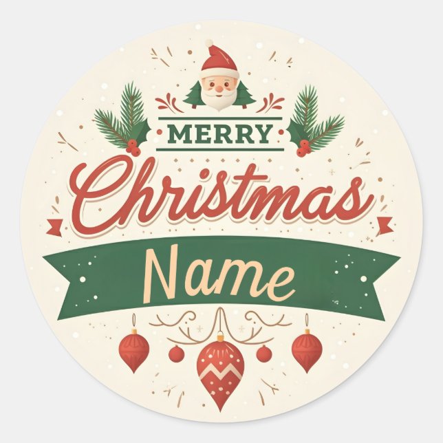 Customise Name Merry Christmas  Classic Round Sticker (Front)