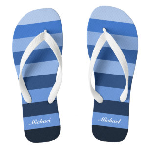 Customise Name Monochrome Blue Stripes Pattern Flip Flops