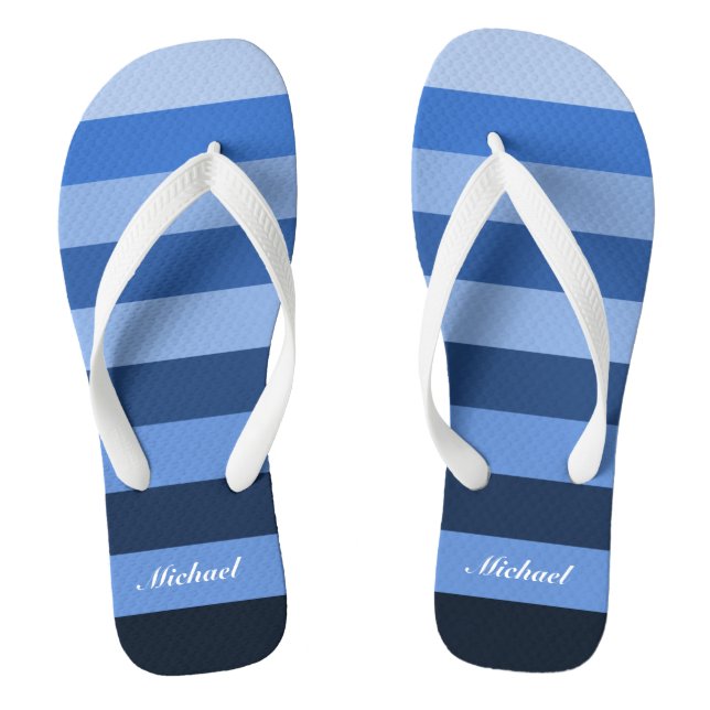 Customise Name Monochrome Blue Stripes Pattern Flip Flops (Footbed)