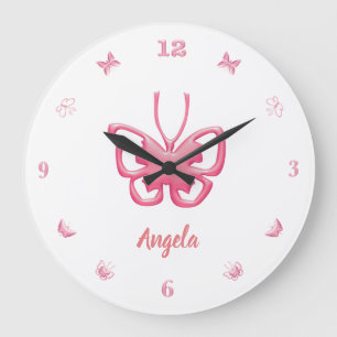 Customise Name Pink Butterflies Girls Large Clock