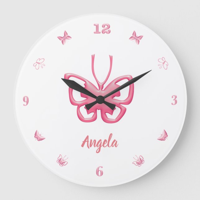 Customise Name Pink Butterflies Girls Large Clock (Front)