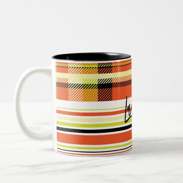 customise name plaid pattern Two-Tone coffee mug (Left)