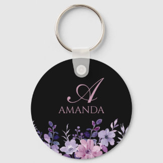 Customise Name Purple Flower Black Key Ring