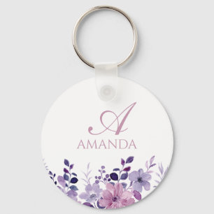 Customise Name Purple Flower White Key Ring
