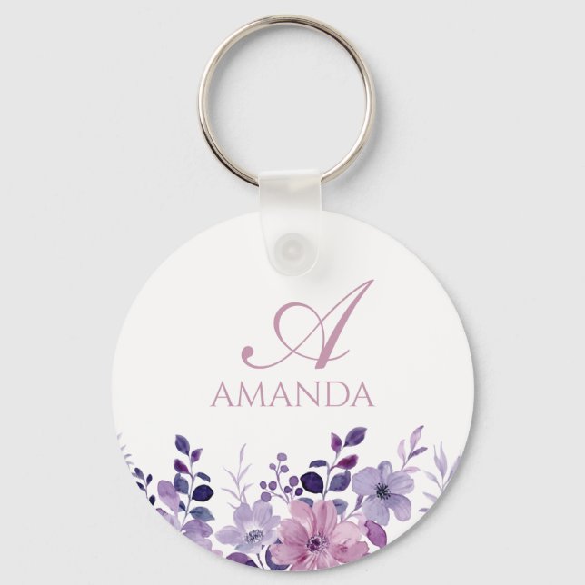 Customise Name Purple Flower White Key Ring (Front)