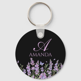 Customise Name Purple Lavender Flower Black Key Ring