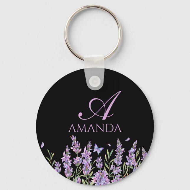 Customise Name Purple Lavender Flower Black Key Ring (Front)