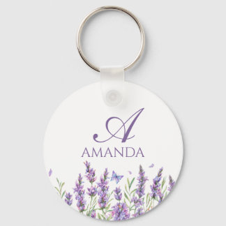 Customise Name Purple Lavender Flower Key Ring