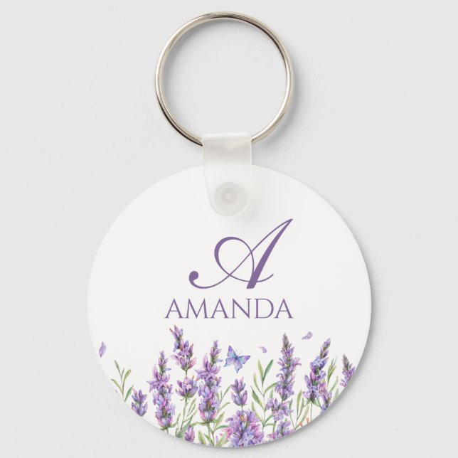 Customise Name Purple Lavender Flower Key Ring (Front)