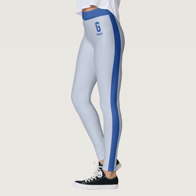 Customise Name Royal Powder Blue  Stripes Monogram Leggings (Left)