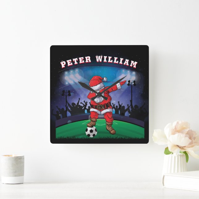Customise Name Santa Christmas Soccer  Square Wall Clock (Home)