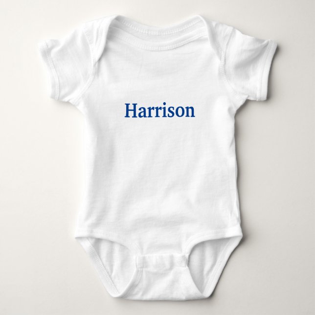 Customise name, text blue letters grey baby bodysuit (Front)