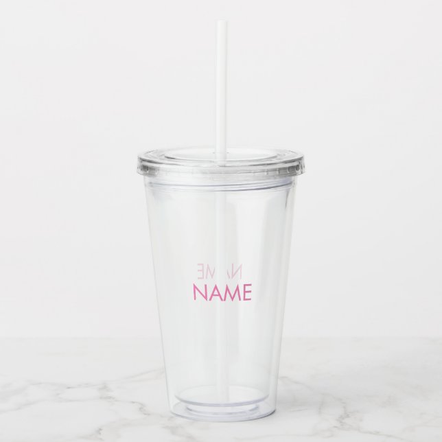 Customise name, text minimalist pink clear acrylic tumbler (Front)