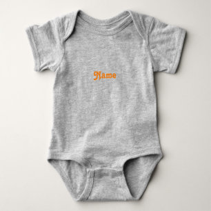 Customise name, text orange letters grey baby bodysuit