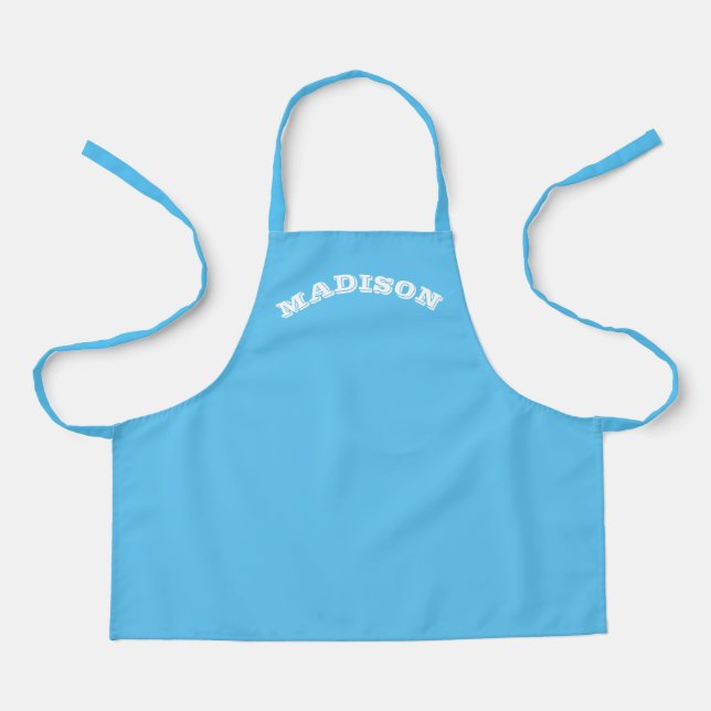 Customise name text white curved letters blue apron (Front)