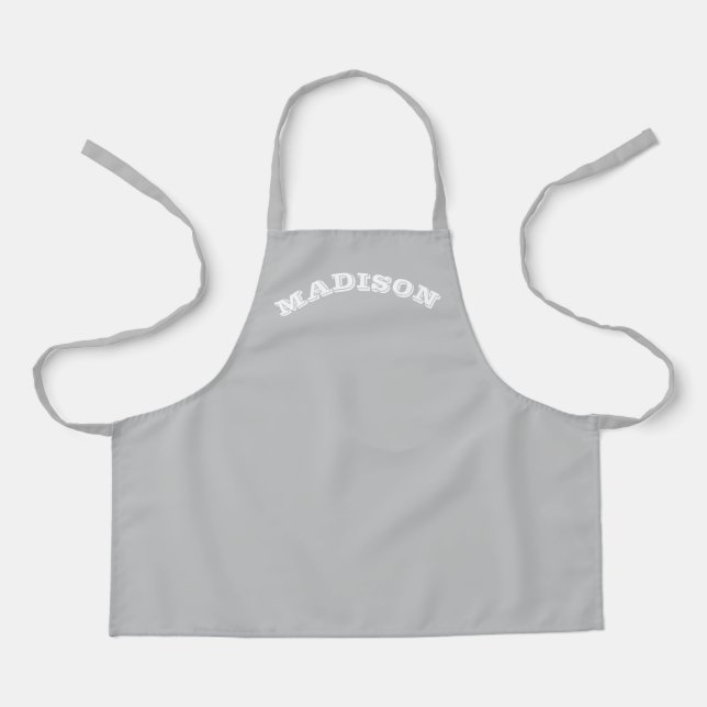 Customise name text white curved letters grey apron (Front)