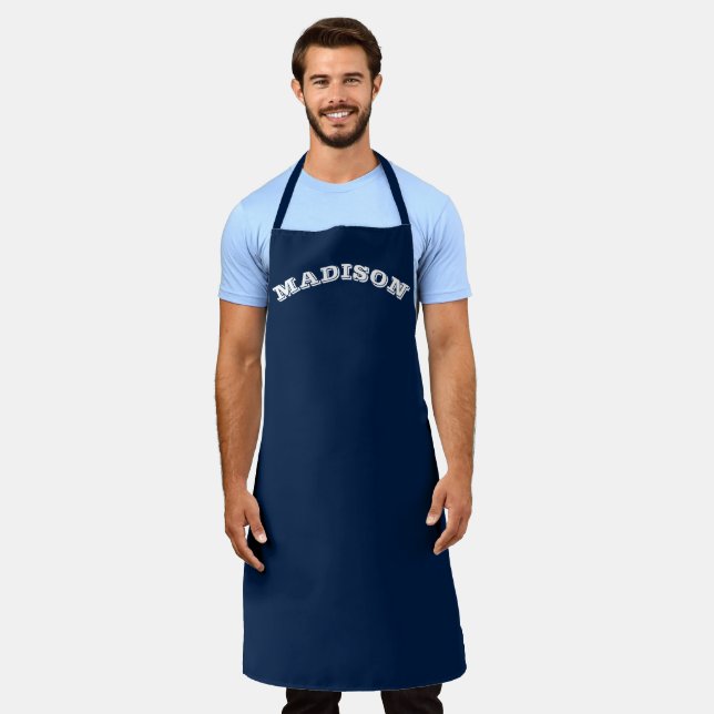 Customise name text white curved letters navy blue apron (Worn)