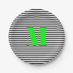 Customise neon green monogram black white stripes paper plate