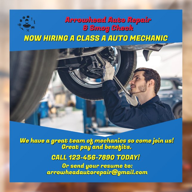 Customise Now Hiring An Auto Shop Mechanic  Window Cling (Sheet 2)