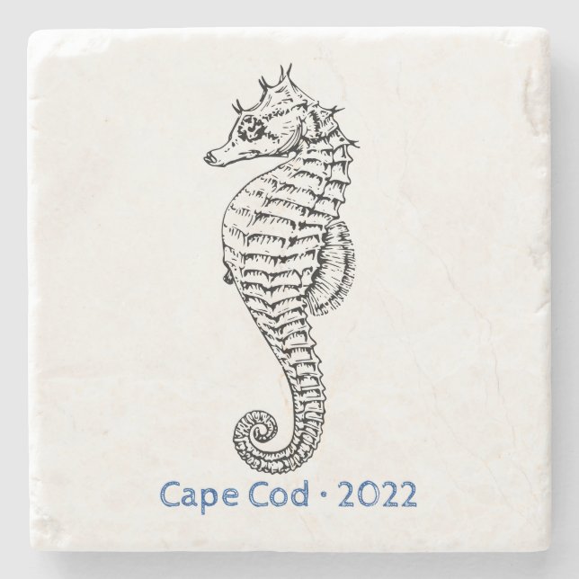 Customise Ocean Seahorse Line Art Stone Coaster (Front)