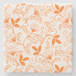 Customise Orange Floral Pattern Stone Coaster