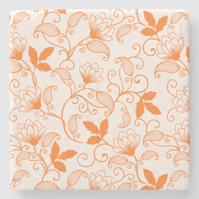 Customise Orange Floral Pattern Stone Coaster (Front)