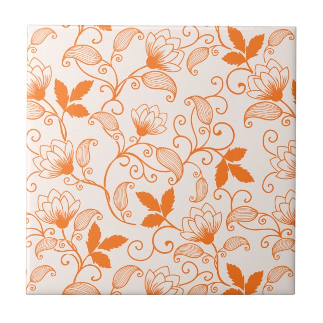 Customise Orange Floral Pattern. Tile (Front)
