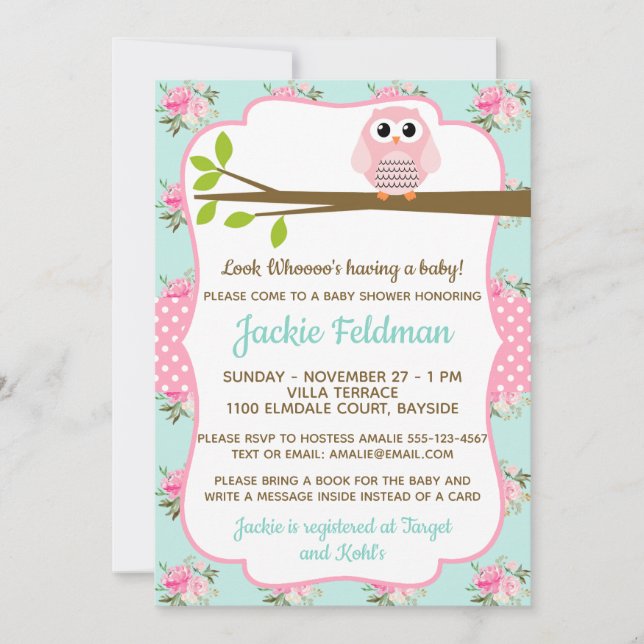 Customise Owl Shabby Chic Baby Shower Invitation (Front)