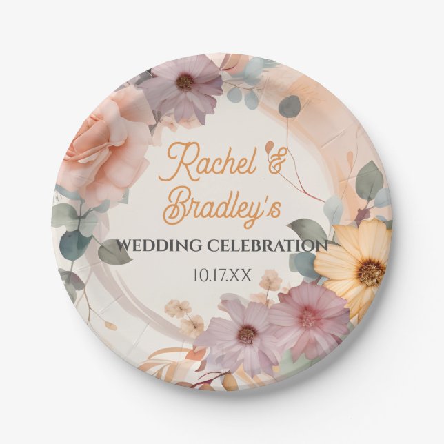 Customise Pastel Floral Wedding Cute Rose Greenery Paper Plate (Front)