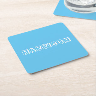 Customise, personalise Birthday Name, text Blue Square Paper Coaster