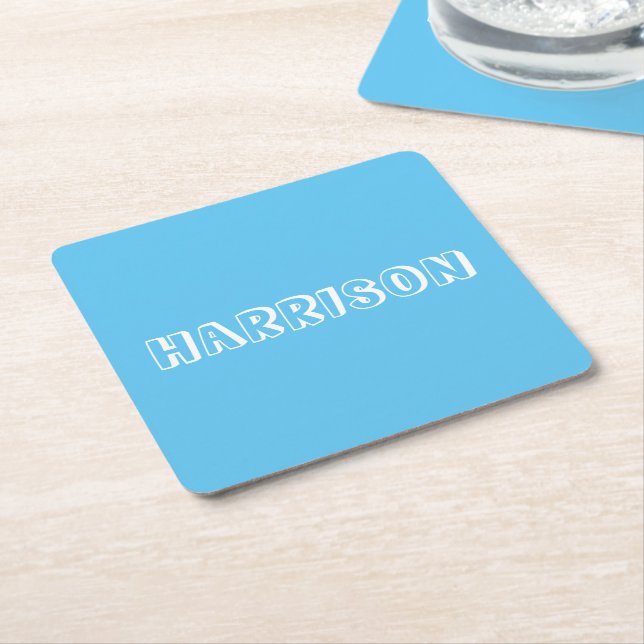 Customise, personalise Birthday Name, text Blue Square Paper Coaster (Angled)