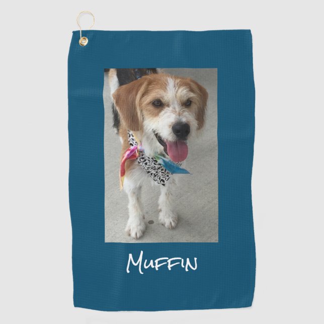 Customise Pet or Child's Photo & Name, Ocean Blue Golf Towel (Front)