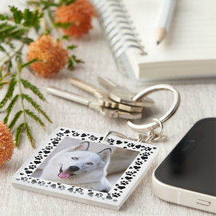 Customise Pet Photo Dog Paw Prints in Hearts Frame Key Ring