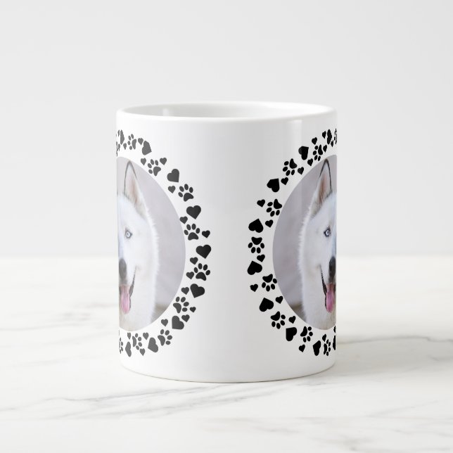 Customise Pet Photo Dog Paw Prints in Hearts Frame Large Coffee Mug (Front)