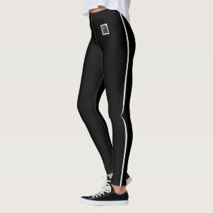 Customise Pet Photo Text White Stripe Black Sports Leggings