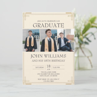 Customise Photo Graduation Birthday Gold Border Invitation