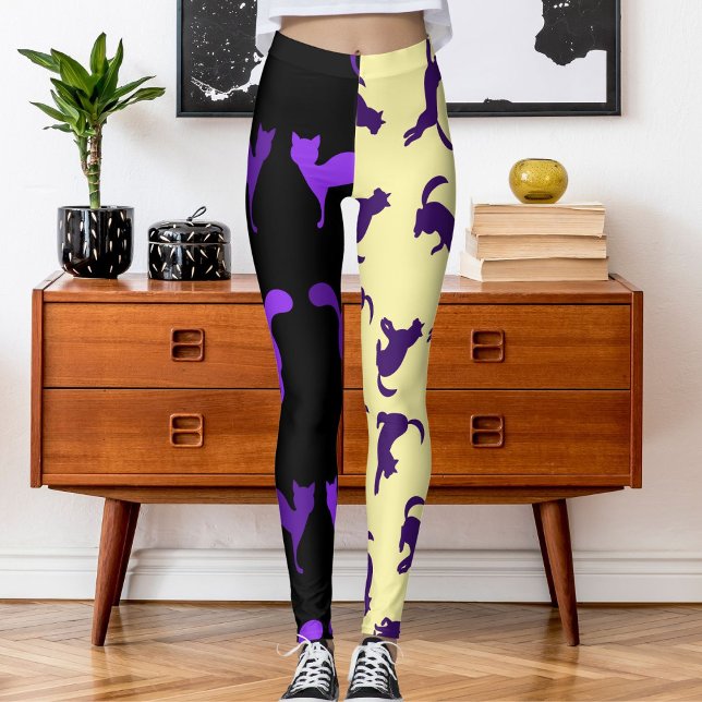 Customise Photo Pet Cat Pattern Purple Cream Black Leggings (Creator Uploaded)