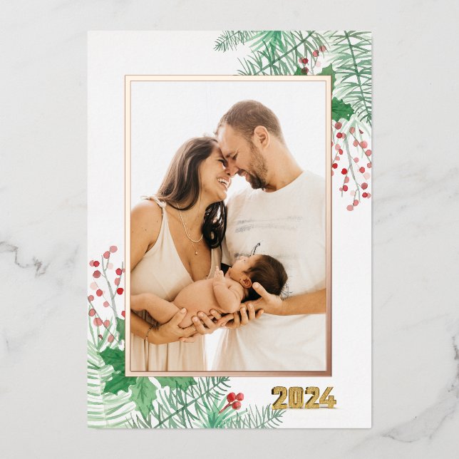 Customise Photo Red  Merry Christmas Foil Holiday Card (Front)