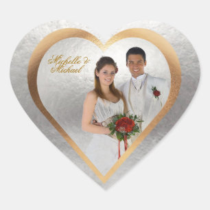 Customise Photo Wedding Gold Silver Heart Sticker