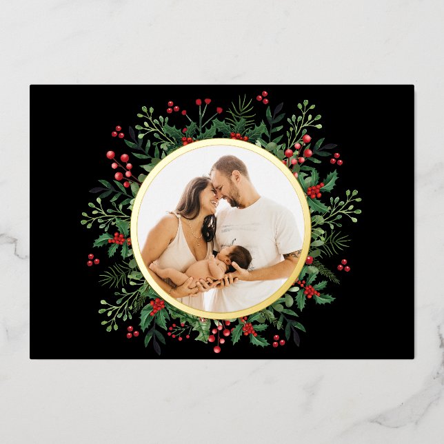 Customise Photo Wreath Merry Christmas Foil Holiday Card (Front)