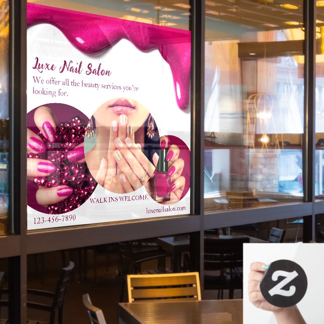 Customise Pink Elegant Nail Art Salon Shop  Window Cling (Restaurant Window)