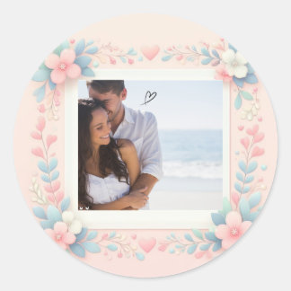 Customise Pink flowers Valentine's Day 2 Photo Classic Round Sticker